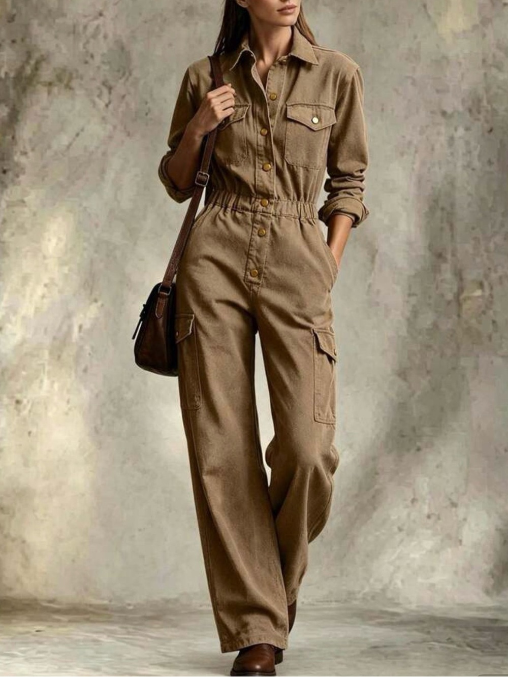Utility Cargo Jumpsuit in Brown